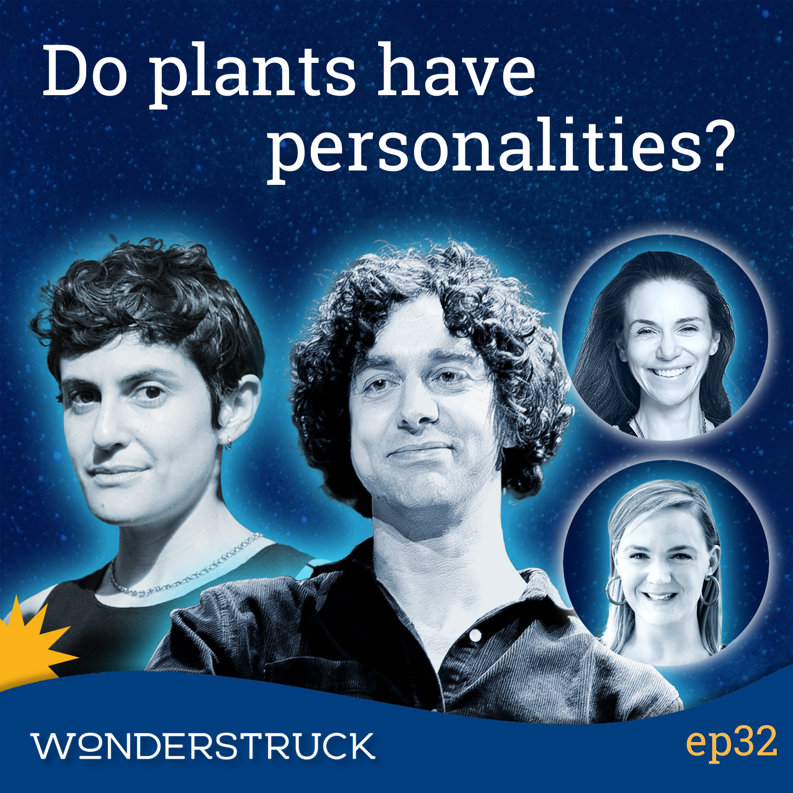 Thumbnail with headshots of Merlin Sheldrake, Zoe Schlanger, Elizabeth Rovere and Rachael Peterson with the caption "do plants have personalities?