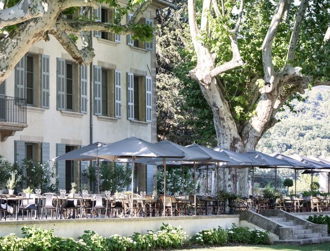 Symposium event space with patio and trees